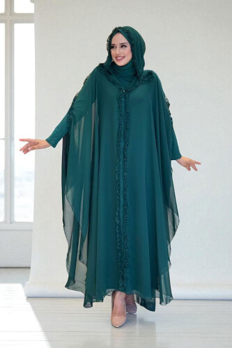 Mit Kapuze, bestimmte Teile, Rüschen, detailliertes Abaya-Kleid, Abendanzug 3778 Smaragd 