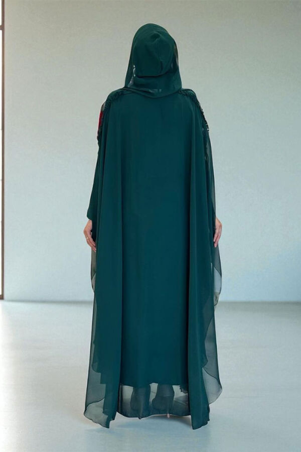 Hooded Certain Parts Frill Detailed Abaya Dress Evening Suit 3778 Emerald - 2