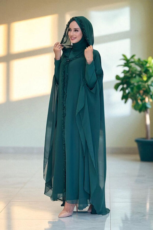 Hooded Certain Parts Frill Detailed Abaya Dress Evening Suit 3778 Emerald - 3