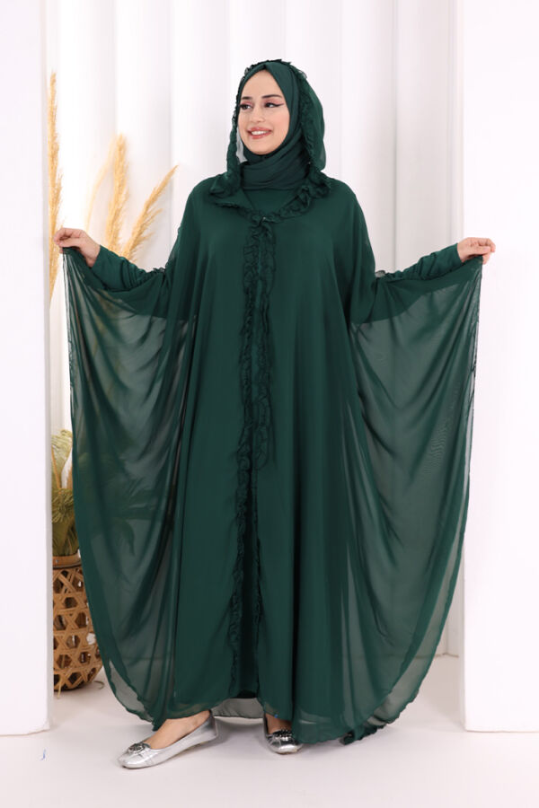 Hooded Certain Parts Frill Detailed Abaya Dress Evening Suit 3778 Emerald - 1