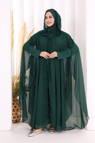 Hooded Certain Parts Frill Detailed Abaya Dress Evening Suit 3778 Emerald - 2