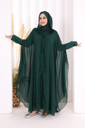 Hooded Certain Parts Frill Detailed Abaya Dress Evening Suit 3778 Emerald - 3