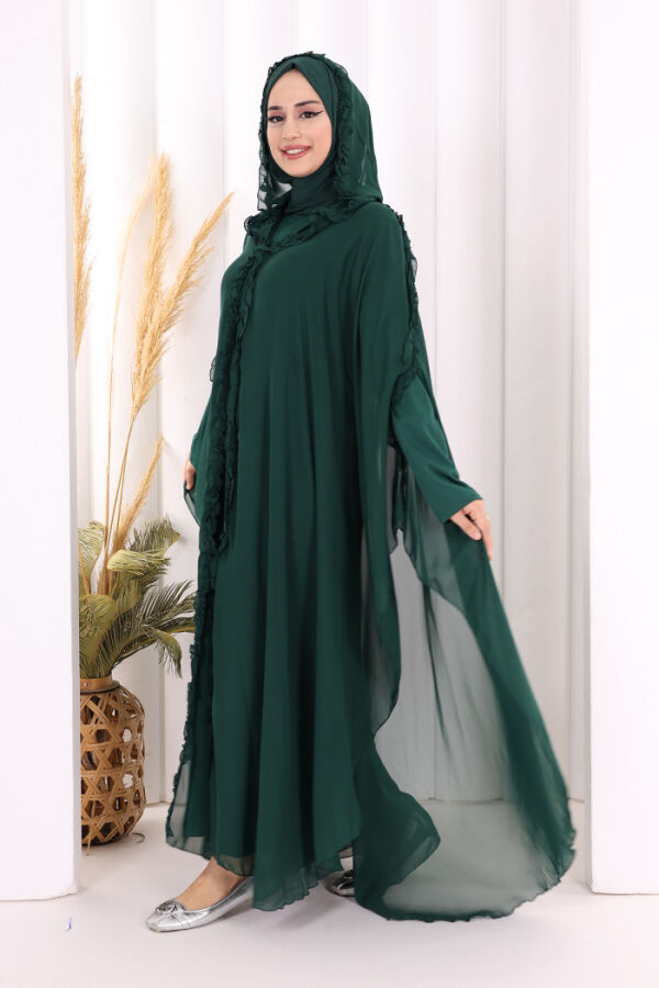 Hooded Certain Parts Frill Detailed Abaya Dress Evening Suit 3778 Emerald - 4