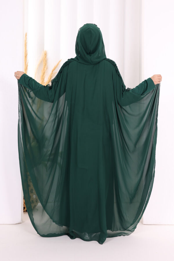 Hooded Certain Parts Frill Detailed Abaya Dress Evening Suit 3778 Emerald - 5