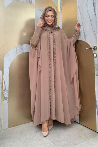 Hooded Certain Parts Frill Detailed Abaya Dress Evening Suit 3778 Mink 