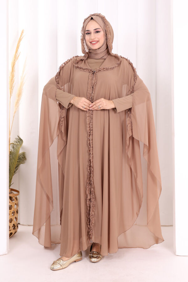 Hooded Certain Parts Frill Detailed Abaya Dress Evening Suit 3778 Mink - 1