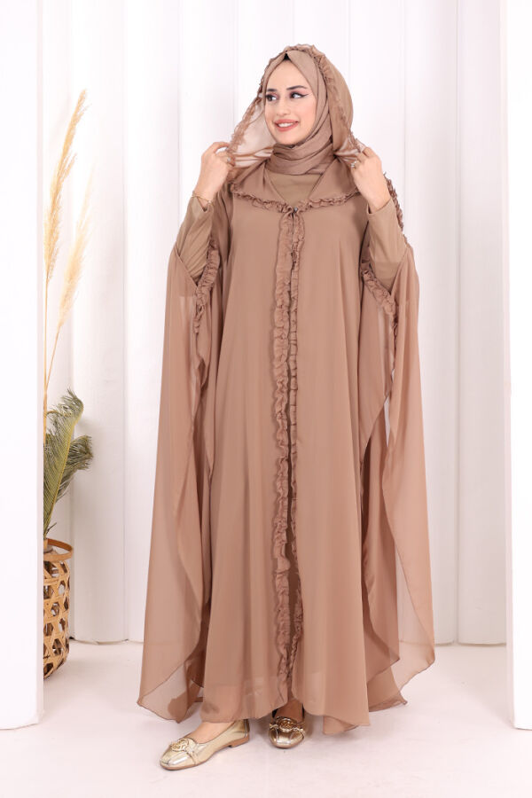 Hooded Certain Parts Frill Detailed Abaya Dress Evening Suit 3778 Mink - 2