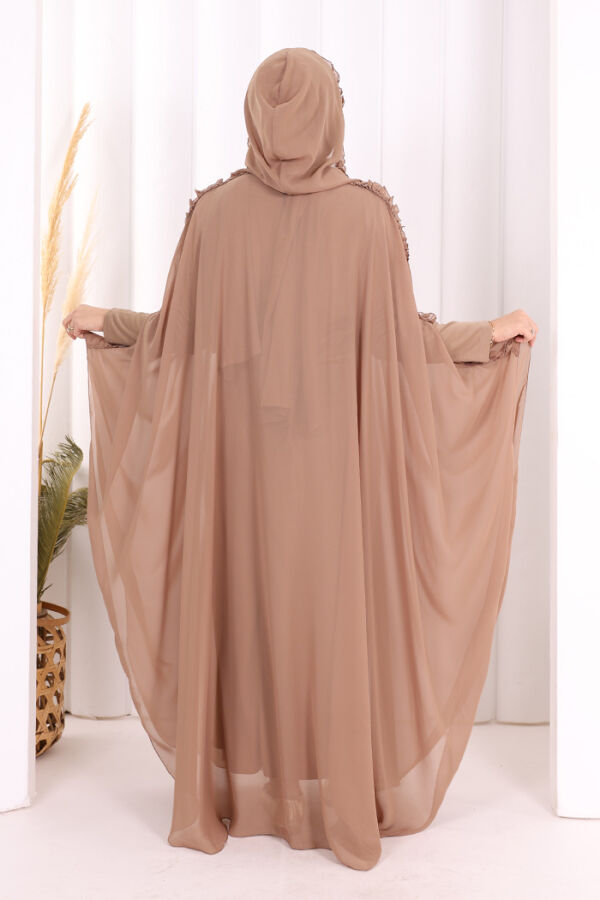 Hooded Certain Parts Frill Detailed Abaya Dress Evening Suit 3778 Mink - 4