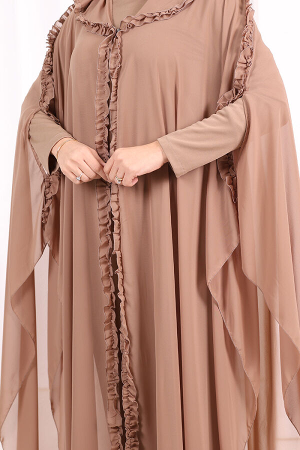 Hooded Certain Parts Frill Detailed Abaya Dress Evening Suit 3778 Mink - 6