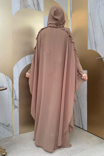 Hooded Certain Parts Frill Detailed Abaya Dress Evening Suit 3778 Mink - 9