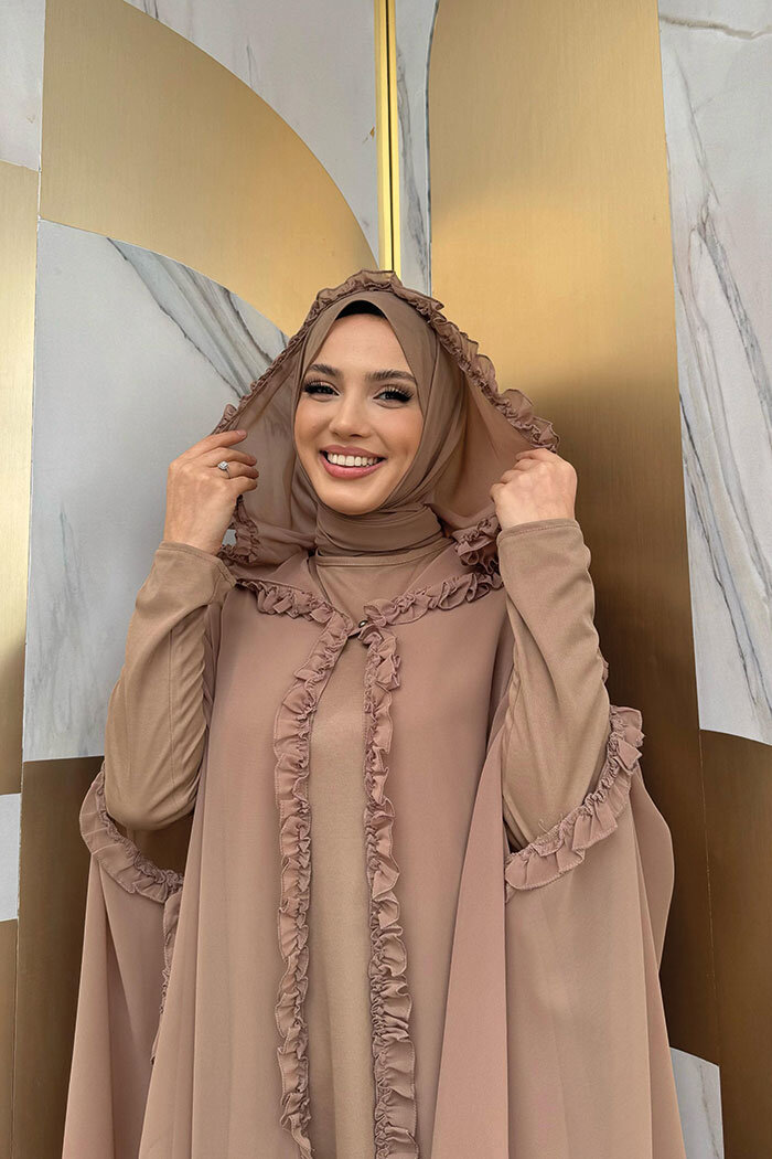 Hooded Certain Parts Frill Detailed Abaya Dress Evening Suit 3778 Mink - 10