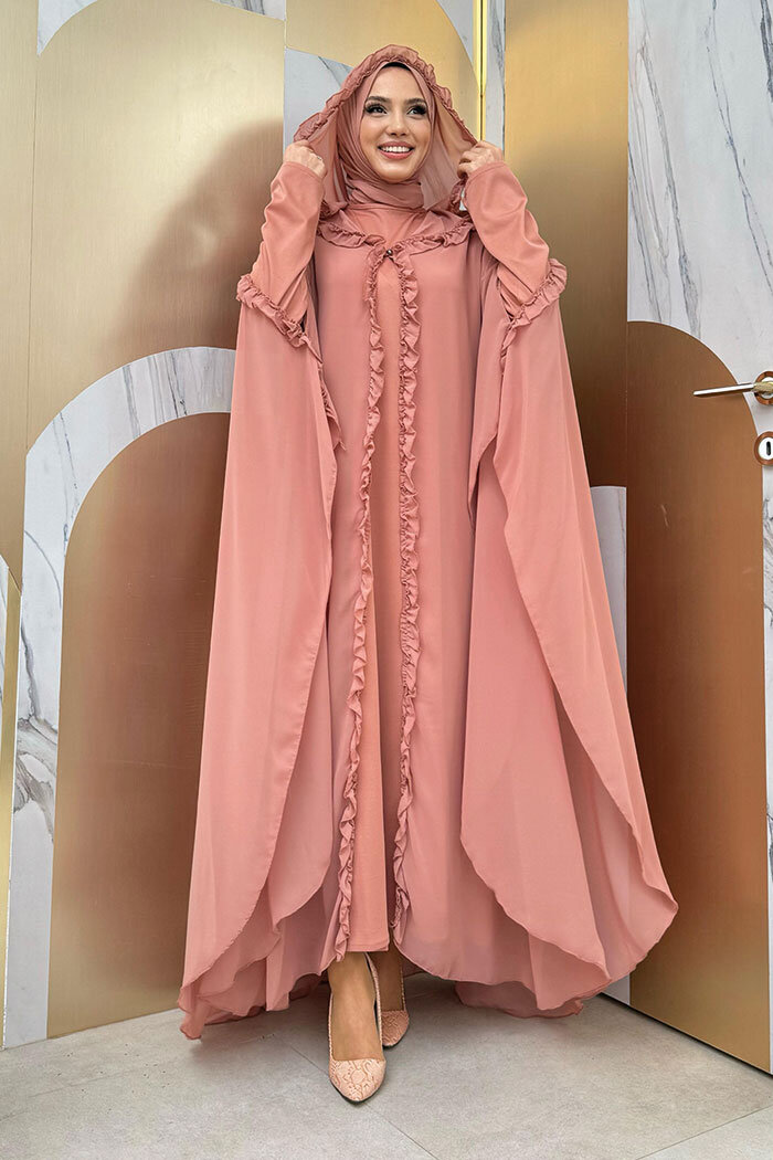 Hooded Certain Parts Frill Detailed Abaya Dress Evening Suit 3778 Salmon - 1