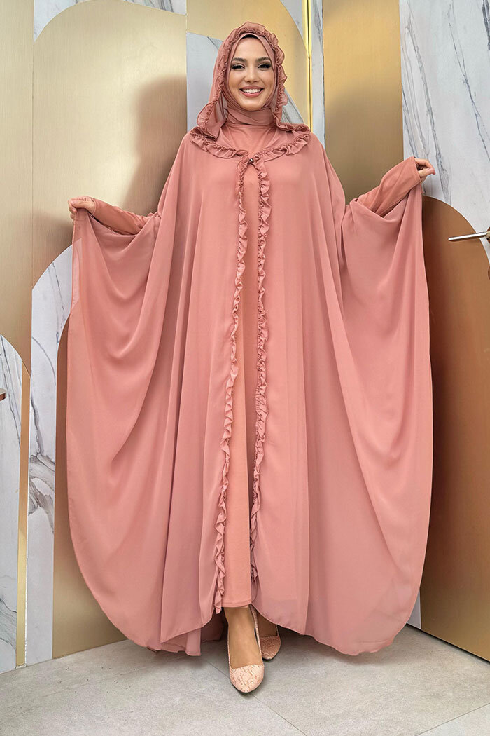 Hooded Certain Parts Frill Detailed Abaya Dress Evening Suit 3778 Salmon - 2