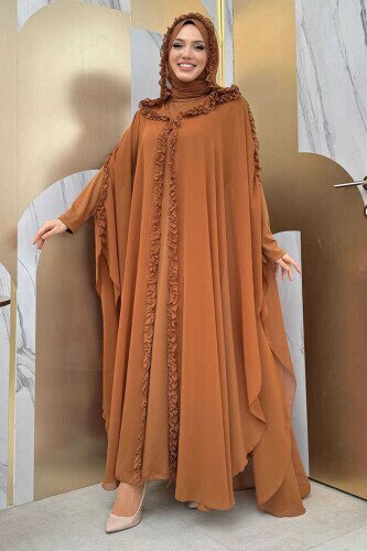 Hooded Certain Parts Frill Detailed Abaya Dress Evening Suit 3778 Taba 