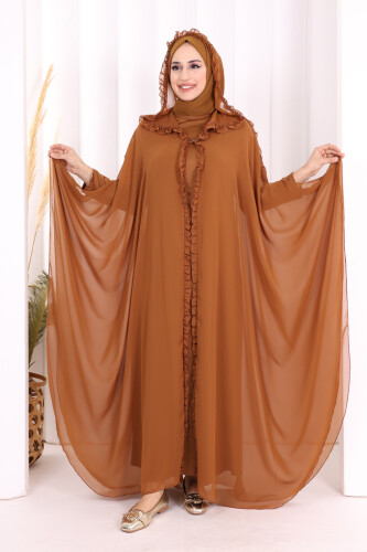 Hooded Certain Parts Frill Detailed Abaya Dress Evening Suit 3778 Taba 