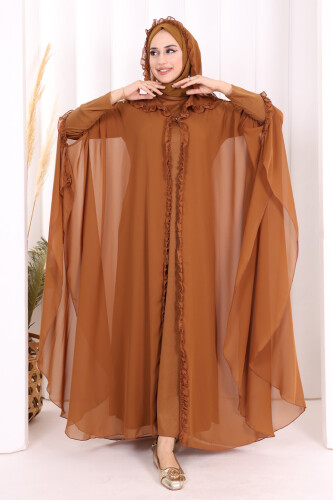 Hooded Certain Parts Frill Detailed Abaya Dress Evening Suit 3778 Taba - 2