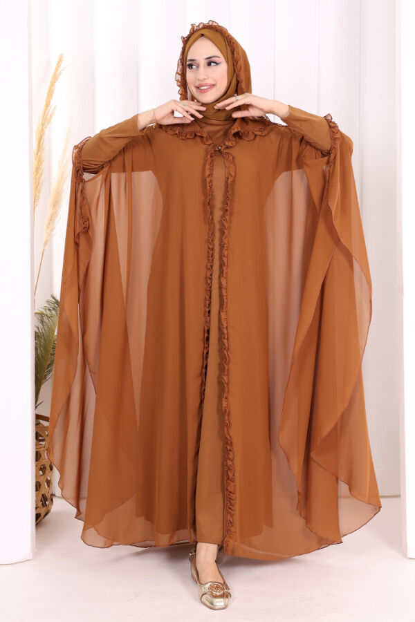 Hooded Certain Parts Frill Detailed Abaya Dress Evening Suit 3778 Taba - 2