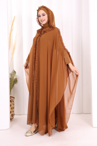 Hooded Certain Parts Frill Detailed Abaya Dress Evening Suit 3778 Taba - 3