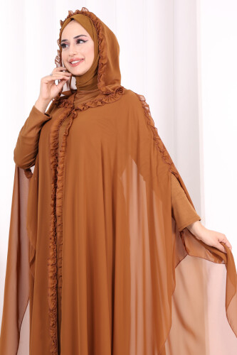Hooded Certain Parts Frill Detailed Abaya Dress Evening Suit 3778 Taba - 5
