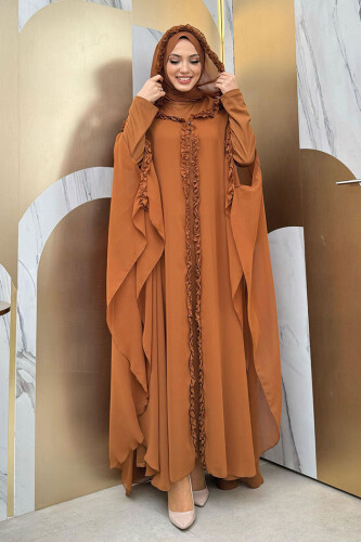 Hooded Certain Parts Frill Detailed Abaya Dress Evening Suit 3778 Taba - 7