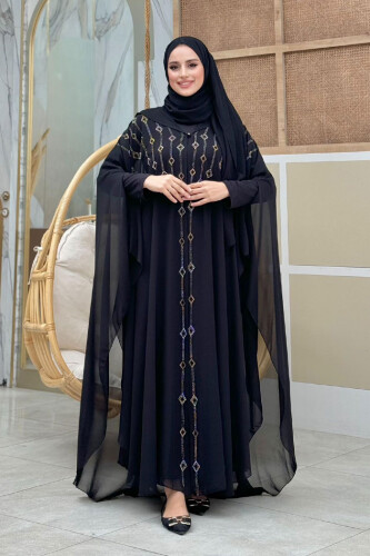 Abendkleid-Anzug aus Chiffon mit Cape und Steinstickerei und Kapuze, 3779 Schwarz 
