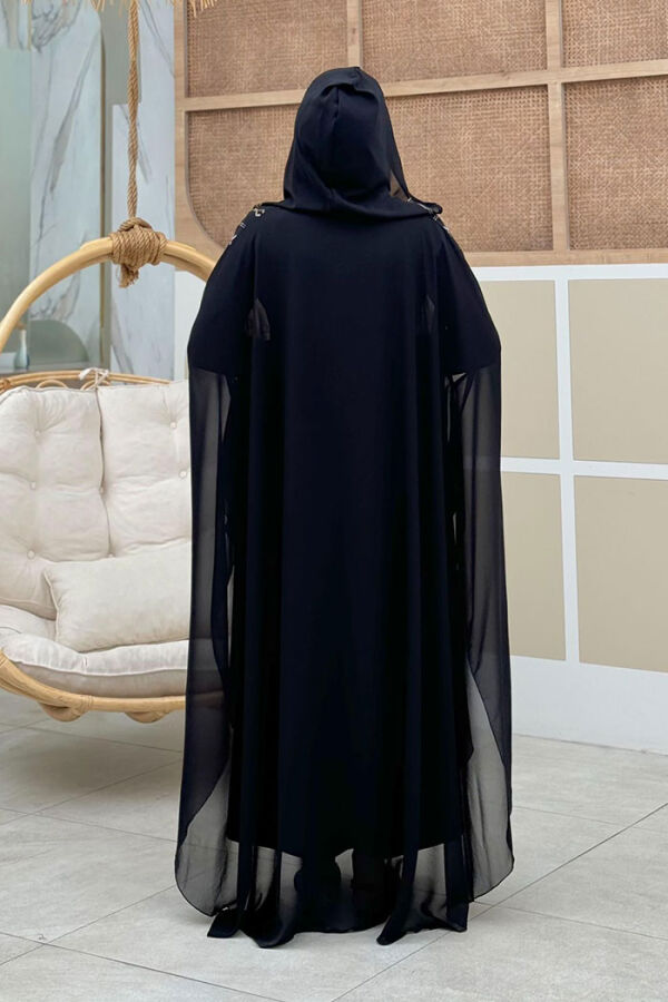 Hooded Stone Embroidered Chiffon Cape Evening Dress Suit 3779 Black - 2