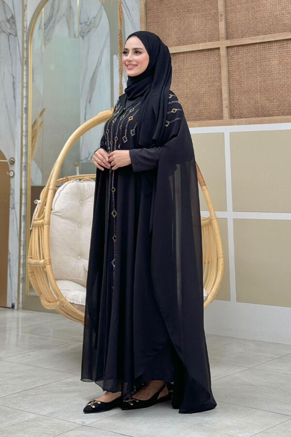 Hooded Stone Embroidered Chiffon Cape Evening Dress Suit 3779 Black - 3