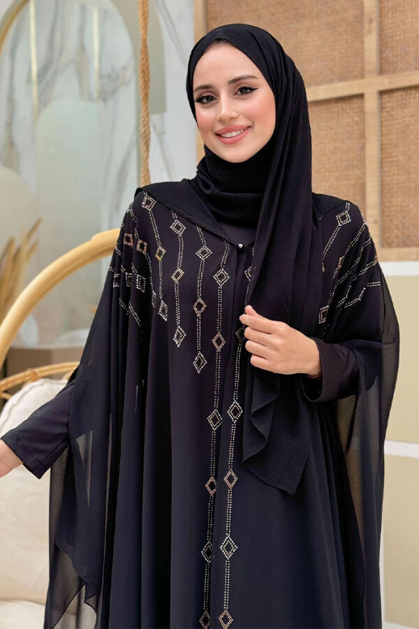 Hooded Stone Embroidered Chiffon Cape Evening Dress Suit 3779 Black - 4