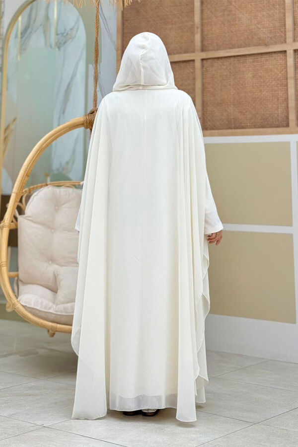 Abendkleid-Anzug aus Chiffon mit Cape und Kapuze und Steinstickerei, 3779 Ecru - 2