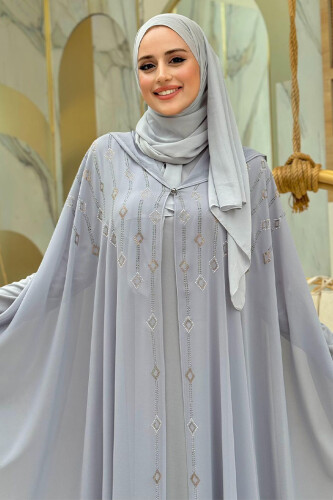 Abendkleid-Anzug aus Chiffon mit Cape und Steinstickerei und Kapuze, 3779 Grau - 4
