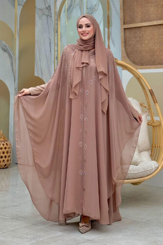Abendkleid-Anzug aus Chiffon mit Cape und Steinstickerei und Kapuze, 3779 Nerz 