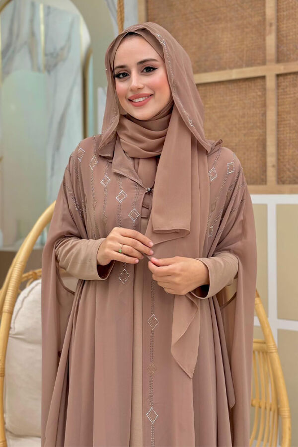 Abendkleid-Anzug aus Chiffon mit Cape und Steinstickerei und Kapuze, 3779 Nerz - 4