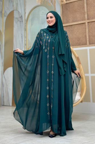 Abendkleid-Anzug aus Chiffon mit Cape und Kapuze, Steinstickerei, 3779 Smaragd 