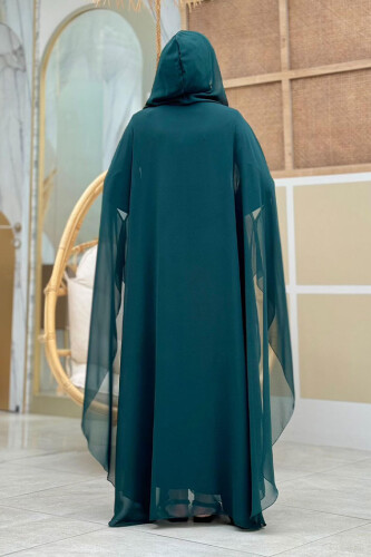 Abendkleid-Anzug aus Chiffon mit Cape und Kapuze, Steinstickerei, 3779 Smaragd - 2