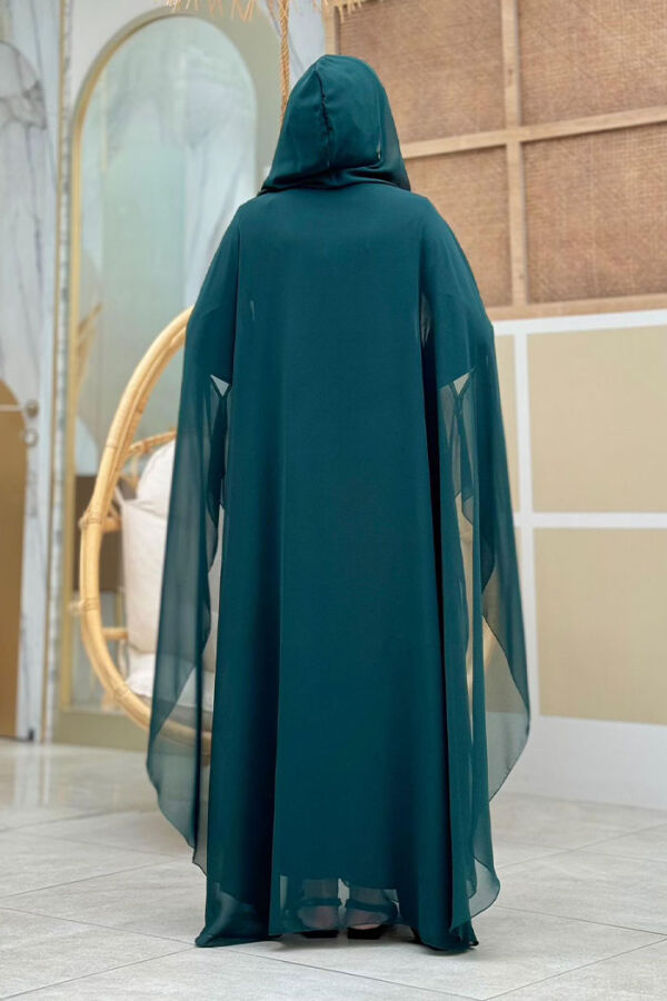 Abendkleid-Anzug aus Chiffon mit Cape und Kapuze, Steinstickerei, 3779 Smaragd - 2