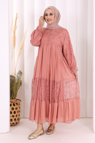 Ön Kısım Düğmeli Dantel Görünümlü Şifon Elbise 3781 Pudra