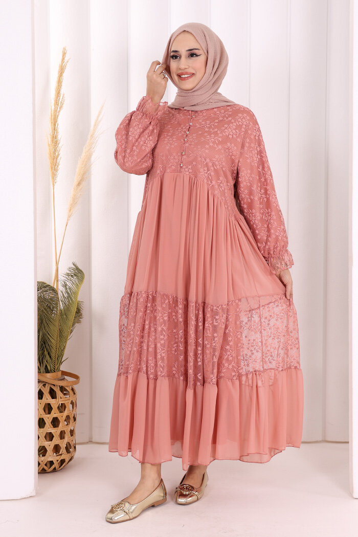 Ön Kısım Düğmeli Dantel Görünümlü Şifon Elbise 3781 Pudra - 1