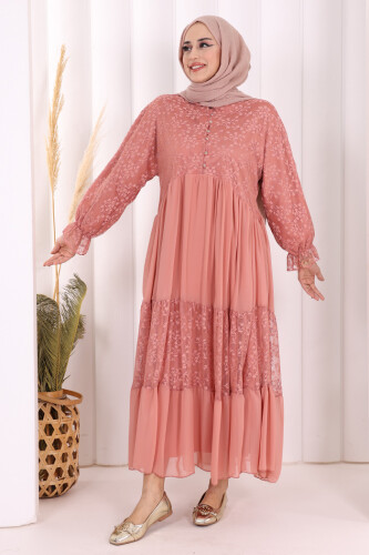 Ön Kısım Düğmeli Dantel Görünümlü Şifon Elbise 3781 Pudra - 2