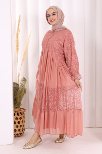 Ön Kısım Düğmeli Dantel Görünümlü Şifon Elbise 3781 Pudra - 3