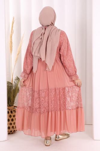 Ön Kısım Düğmeli Dantel Görünümlü Şifon Elbise 3781 Pudra - 4