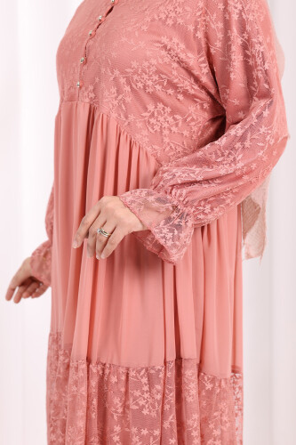 Ön Kısım Düğmeli Dantel Görünümlü Şifon Elbise 3781 Pudra - 5