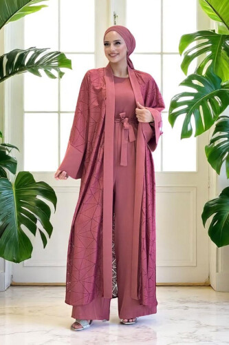 Dantel Abaya Bel Kuşaklı Cep Detaylı Tulum Takım 3782 Gül Kurusu 