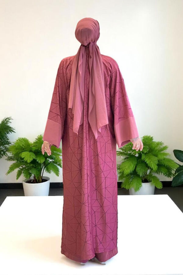 Dantel Abaya Bel Kuşaklı Cep Detaylı Tulum Takım 3782 Gül Kurusu - 2