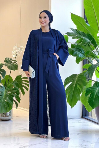 Dantel Abaya Bel Kuşaklı Cep Detaylı Tulum Takım 3782 Lacivert 