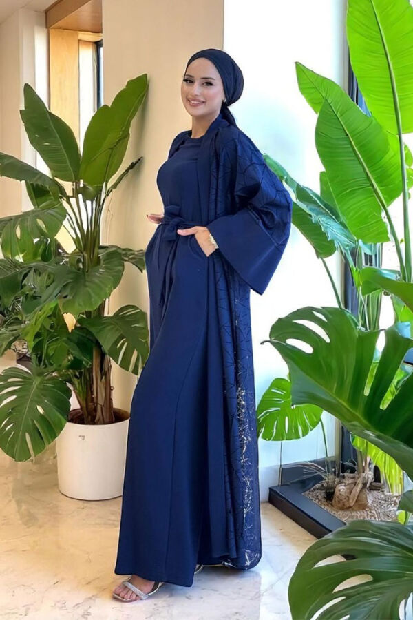 Dantel Abaya Bel Kuşaklı Cep Detaylı Tulum Takım 3782 Lacivert - 2