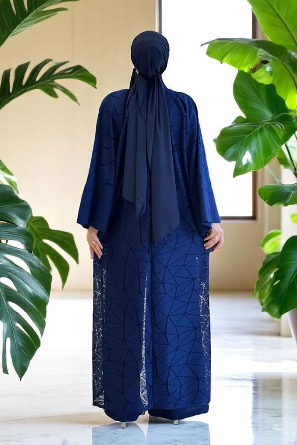 Dantel Abaya Bel Kuşaklı Cep Detaylı Tulum Takım 3782 Lacivert - 3