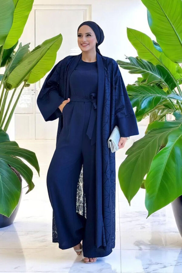 Dantel Abaya Bel Kuşaklı Cep Detaylı Tulum Takım 3782 Lacivert - 4