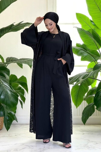 Dantel Abaya Bel Kuşaklı Cep Detaylı Tulum Takım 3782 Siyah 