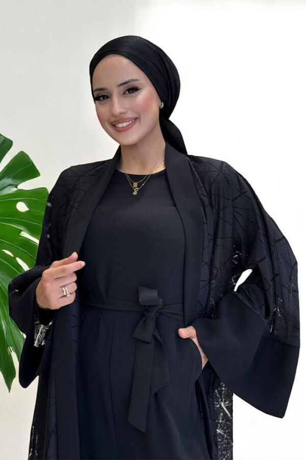 Dantel Abaya Bel Kuşaklı Cep Detaylı Tulum Takım 3782 Siyah - 4