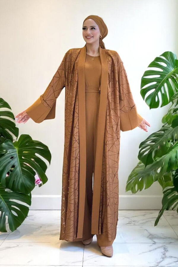 Dantel Abaya Bel Kuşaklı Cep Detaylı Tulum Takım 3782 Taba - 1